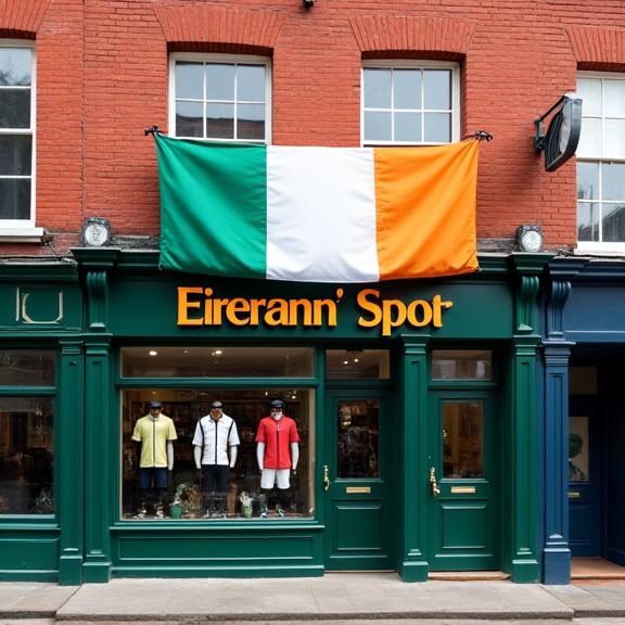 Aghaidh siopa Éireann Sport ar Chearnóg Parnell le bratach na hÉireann.